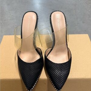 BCBGeneration Black Pointed Mule with Clear Strap and Textured Upper